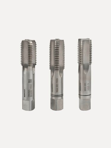 Изображение товара Набор метчиков NORGAU Industrial M 22 из HSS-G (W6% Mo5%), по стали, чугуну и цветным металлам, 3 предмета.