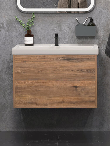 Изображение товара Тумба подвесная SanStar Siva 70 с раковиной Фостер 70 (комплект) для ванной комнаты, Дуб веллингтон табак