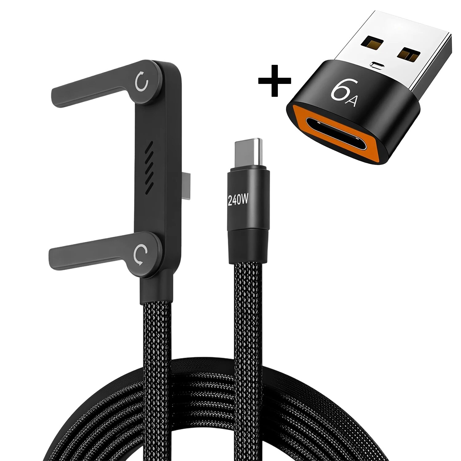 2в1 Кабель Type-C с держателем телефона, 6A, 240W, USB PD-C