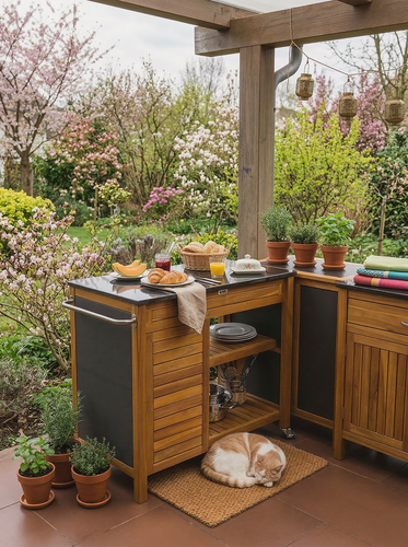 Изображение товара Садовая кухня на колёсах из акации и мрамора Гарден Китчен (Garden Kitchen), светлая акация