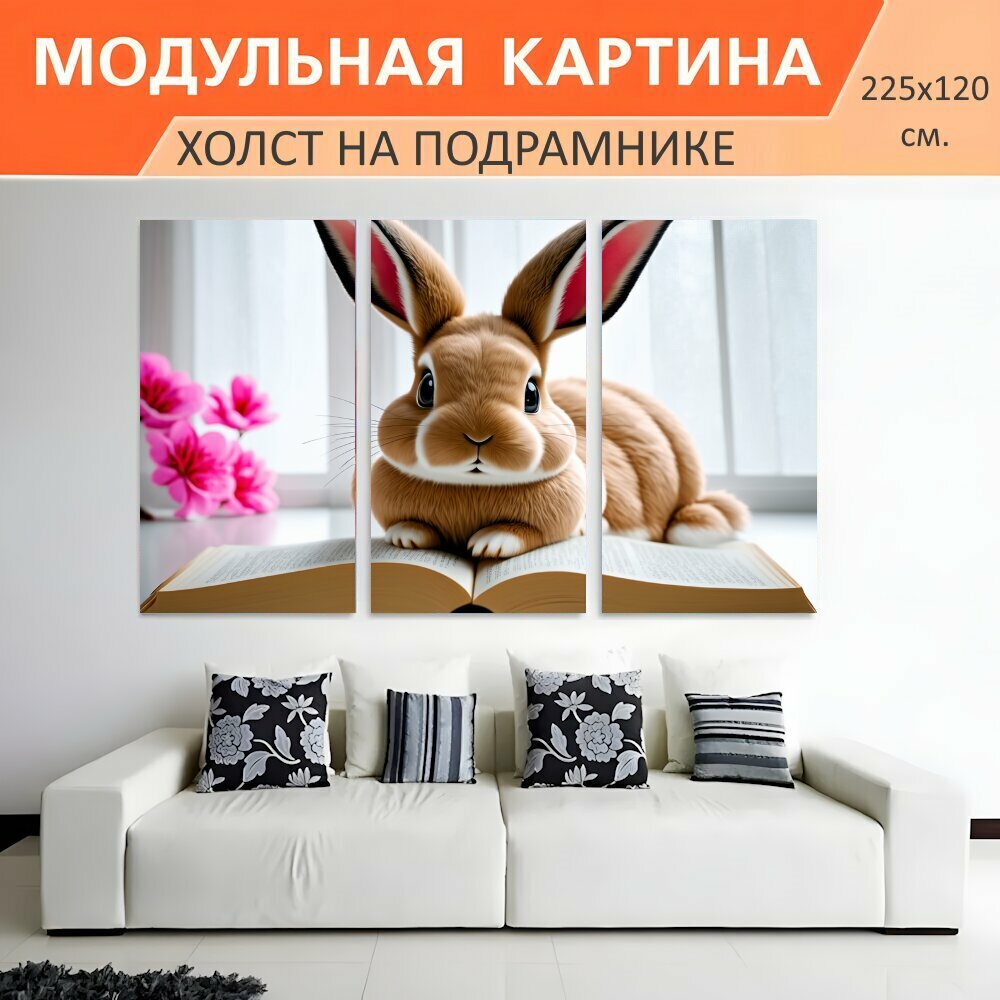 Модульная картина на холсте "Милый кролик с длинными ушами лежит на открытой книге, на фоне окна с прозрачными шторами, рядом розовые цветы" триптих на подрамнике 225х120 см. для интерьера