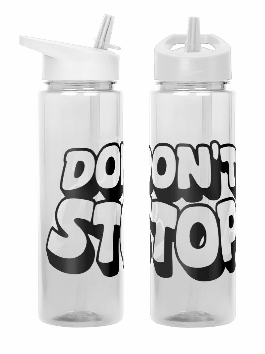 Бутылка белая для воды с принтом DONT STOP! жирный комикс-шрифт, чёрно-белый