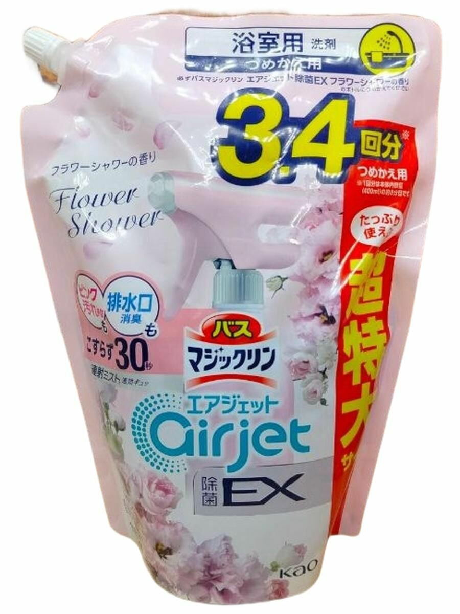 Kao Magiclean Bath Cleaner Airjet Flower Shower, Спрей-пенка для ванной комнаты экспресс, с ароматом цветов, 1100 мл, в мягкой упаковке