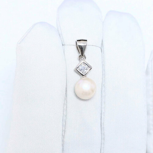 фото Подвеска diamant online, серебро, 925 проба, родирование, жемчуг, фианит, размер 1.6 см., белый