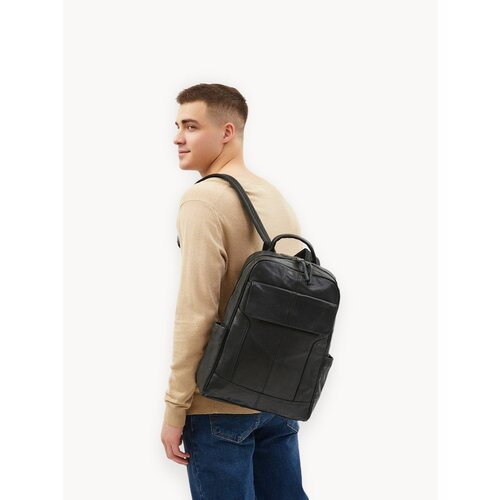 Рюкзак городской PouchMan, мужской, натуральная кожа, большой, для ноутбука, 13 л, 40х27х12 см, черный