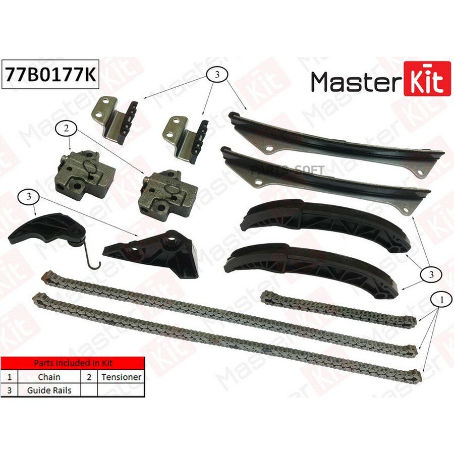 MASTERKIT 77B0177K Комплект цепи грм hyundai kia genesis graneur nf v sorento 3.3i g6db 08-14 (без звездочек)