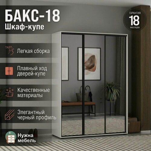 Изображение товара Шкаф-купе Бакс 18 для одежды, 3-дверный с зеркалами, полки и штанга, белый, черный профиль