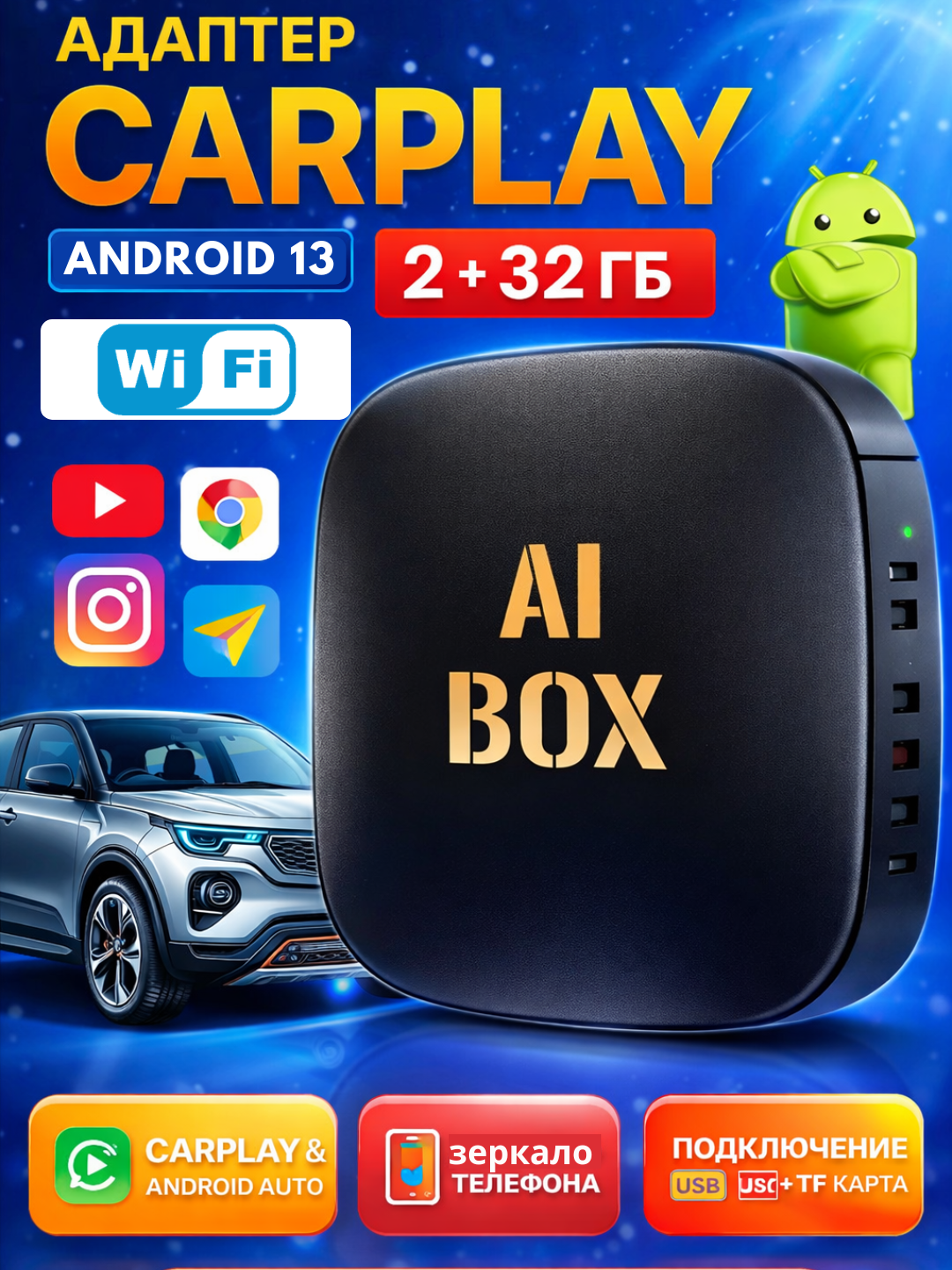 CarPlay 2×32 беспроводной Apple CarPlay/Android Auto, YouTube, навигатор