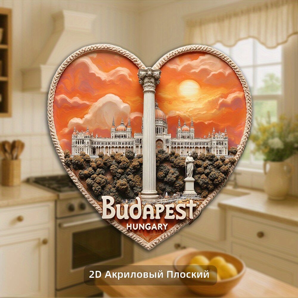 Магнит на холодильник "Закат в Будапеште" 3.15 дюйма, акриловое сердечко с упрощенным изображением парламента и колонн, яркие цвета, для кухни и столовой, подарок для любителей путешествий и истории