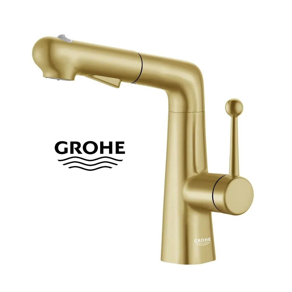 Смеситель для раковины GROHE, регулируемый по высоте, выдвижной, GY26221. Матовое золото