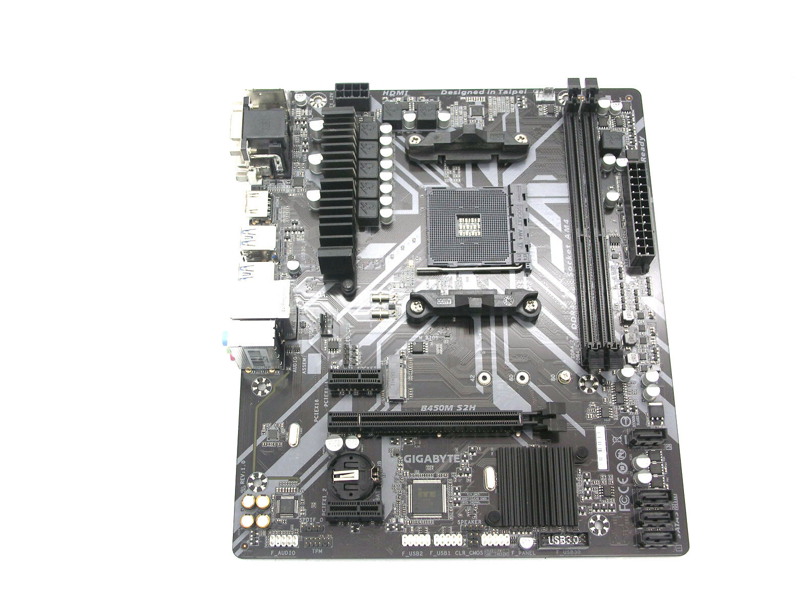 Материнская плата S-AM4 GIGABYTE B450M S2H REV:1.0, AMD B450/2DDR4/DVI/HDMI/VGA/USB3.0/M.2/GLAN/Sb/mATX
