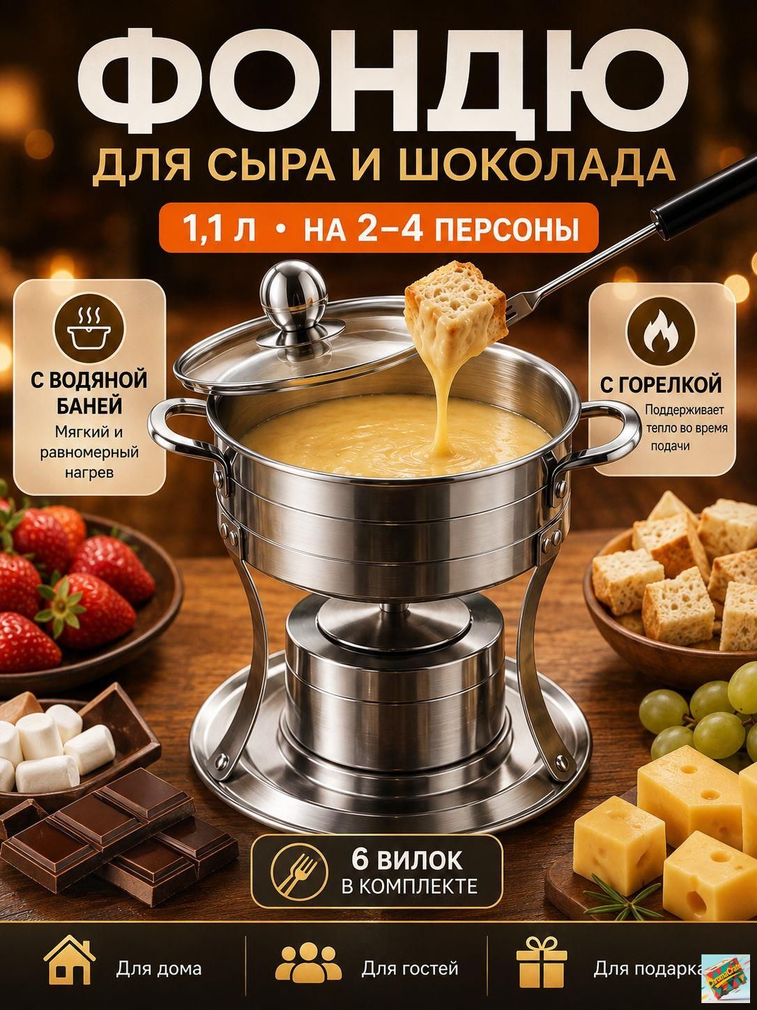 Набор для фондю 1.01 л, шпажек 4, нержавеющая сталь, серый металлик