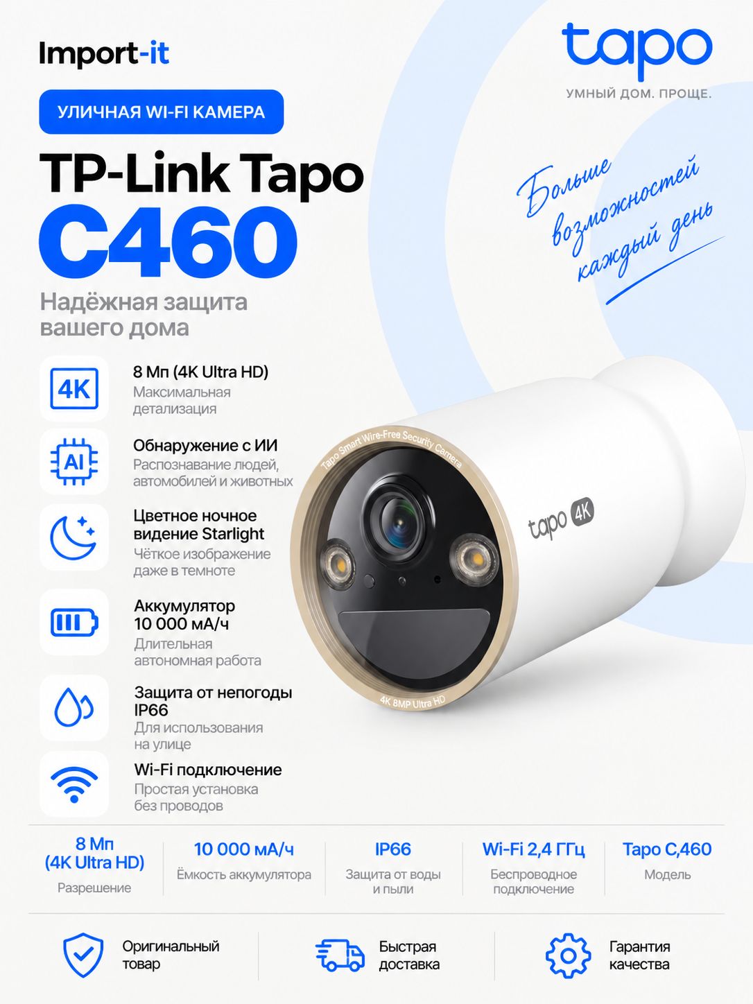 TP-link Камера видеонаблюдения wifi Tapo C460 умная внутренняя / наружная камера с аккумулятром и поддержкой ИИ