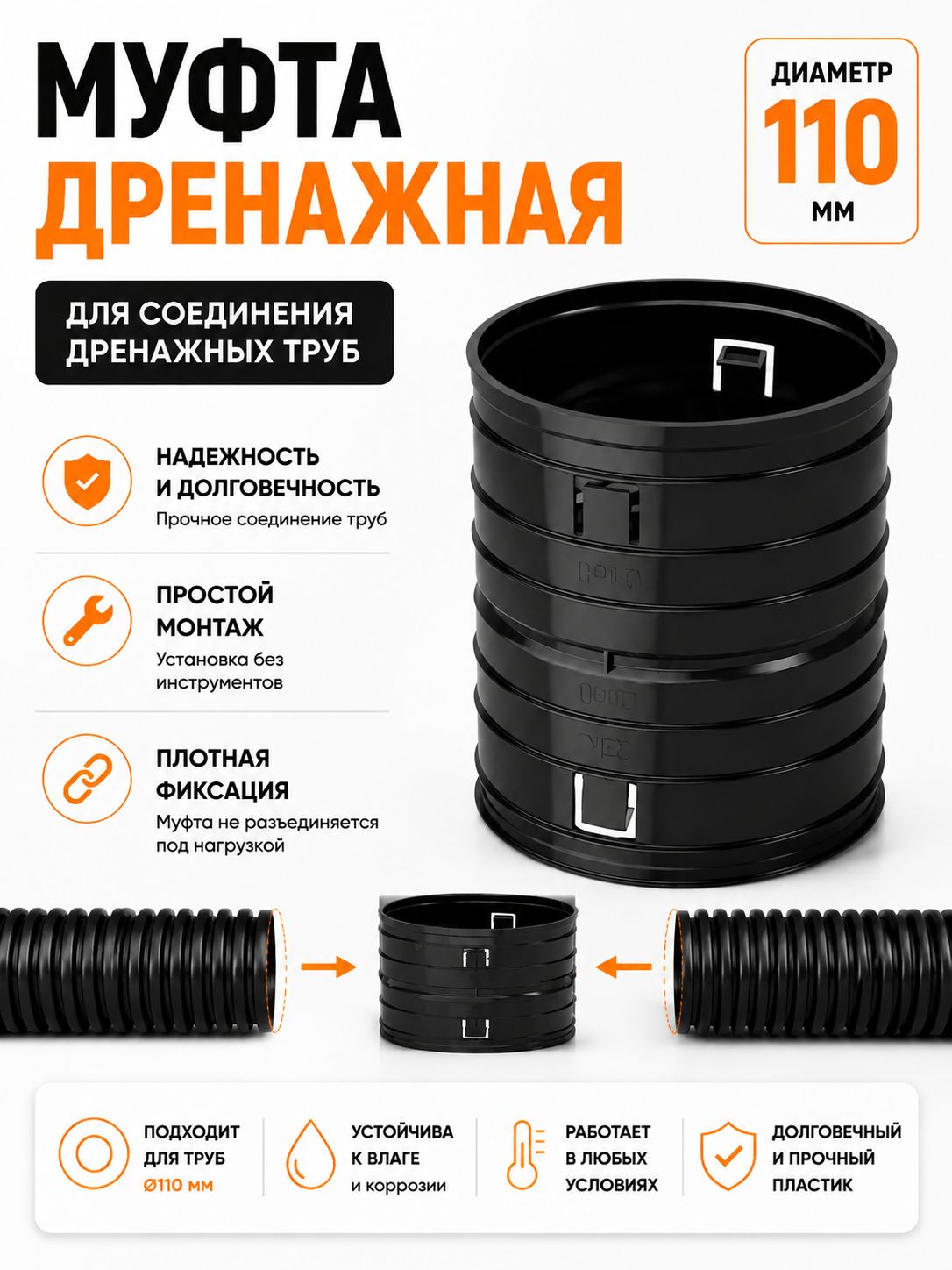 Муфта дренажная 110 мм для трубы, соединительная пластиковая, фитинг для наружной канализации