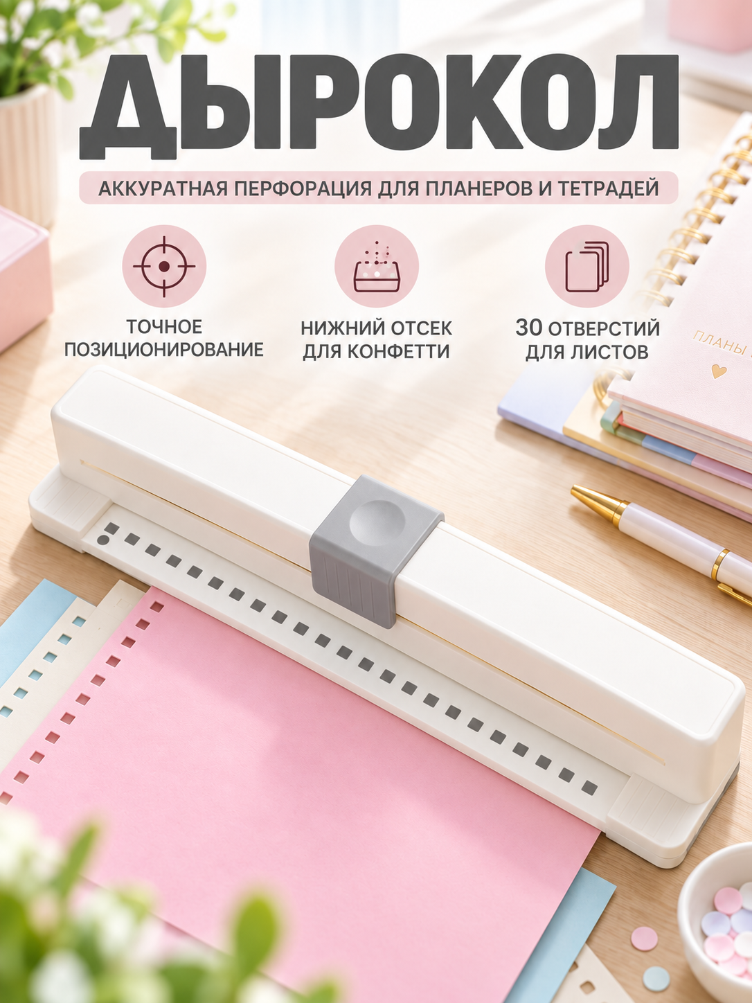Дырокол 30 отверстий перфоратор для бумаги А4, Б5, А5, для блокнотов и планеров