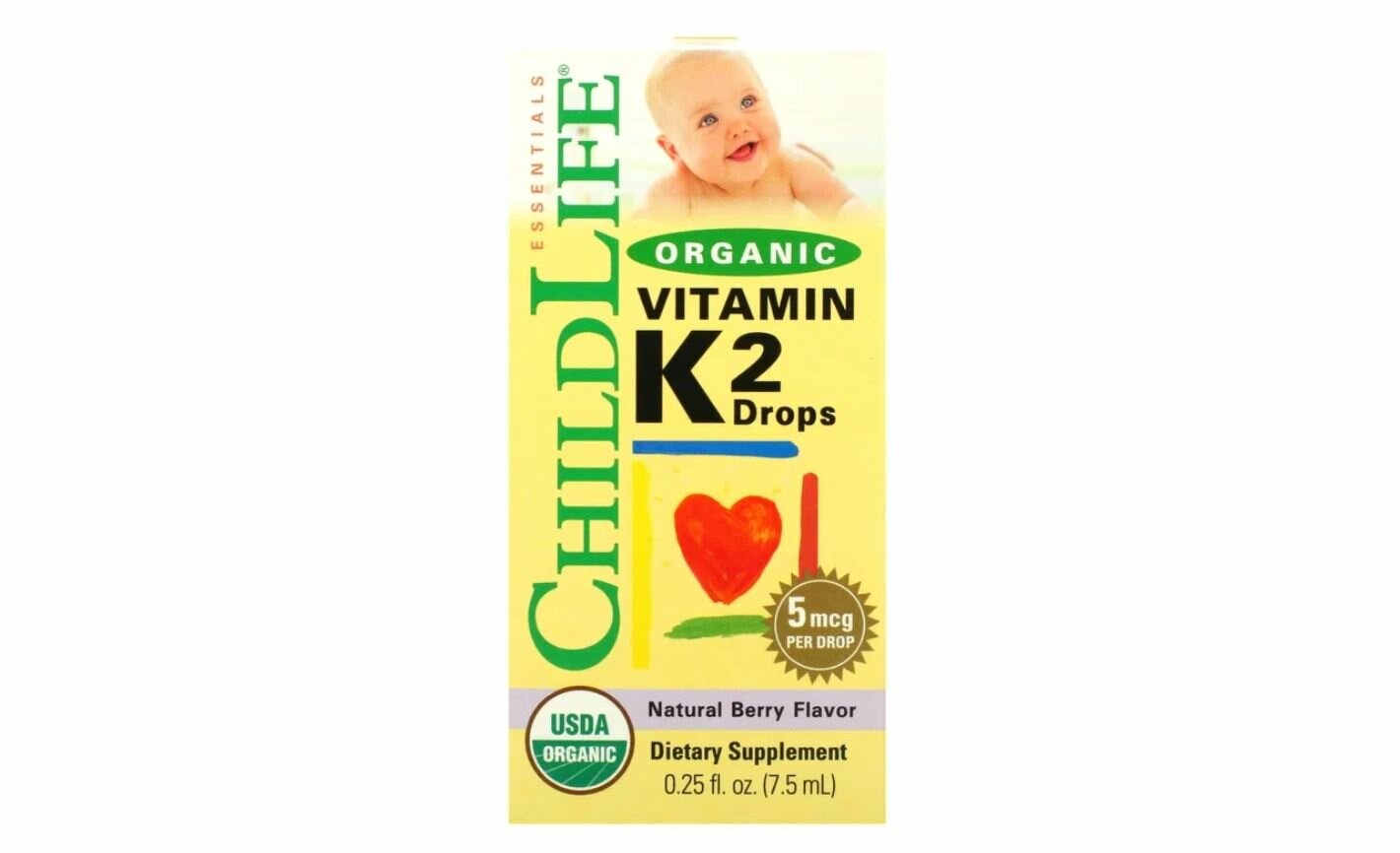 ChildLife, органический витамин K2 в каплях, натуральный ягодный вкус, 5 мкг, 7,5 мл (0,25 жидк. унции)
