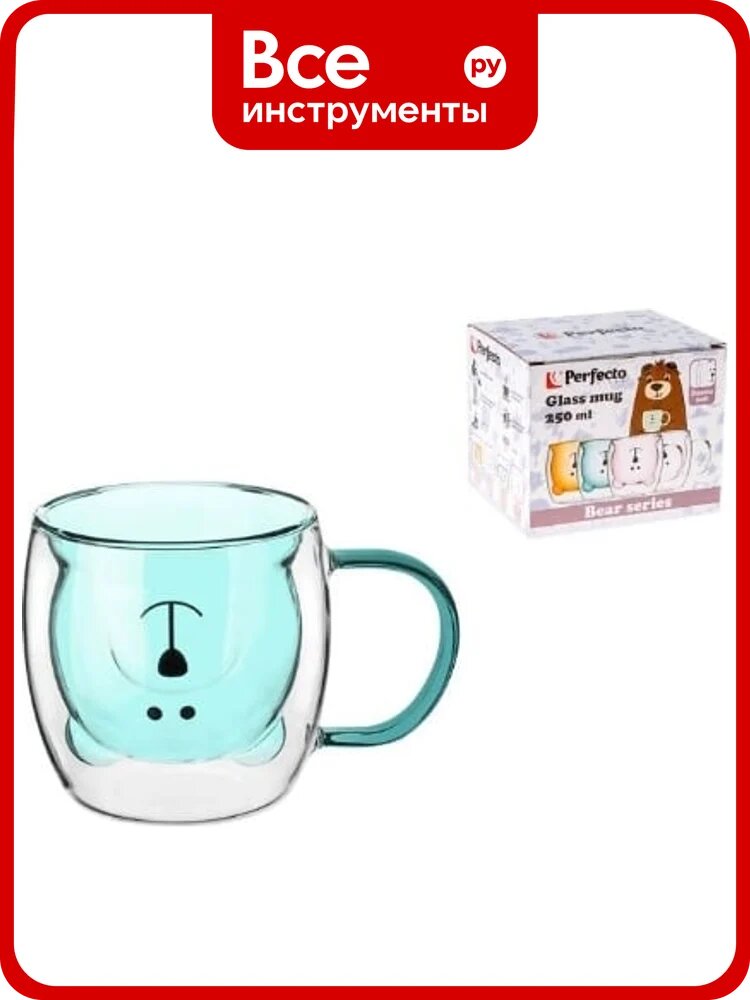 Стеклянная кружка PERFECTO LINEA Bear с двойными стенками, 250 мл, синяя 30-125202