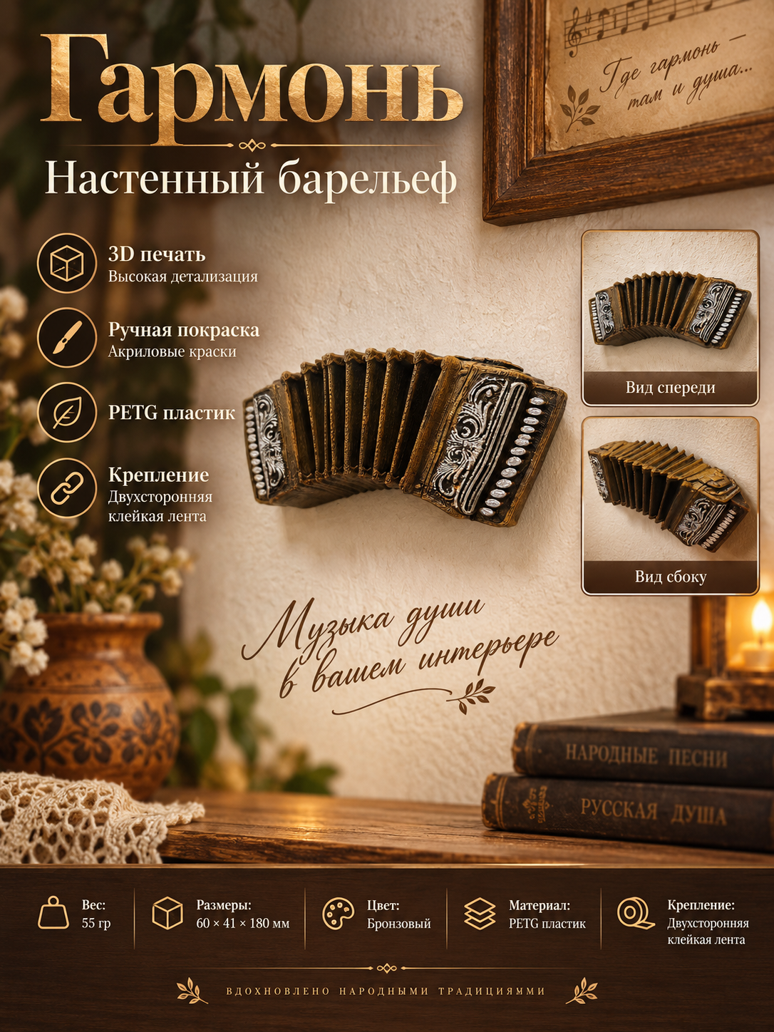 Декоративный настенный барельеф М3Д «Гармонь»