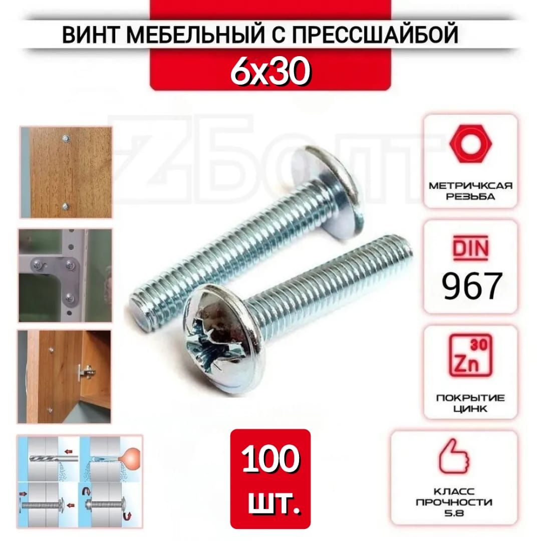 Винт мебельный с полукруглой головкой и прессшайбой, DIN967, 6х30, 100 шт.