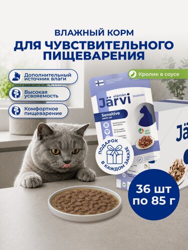 Изображение товара Влажный корм Jarvi для кошек с чувствительным пищеварением с кроликом (кусочки в соусе), 85 г х 36 шт.