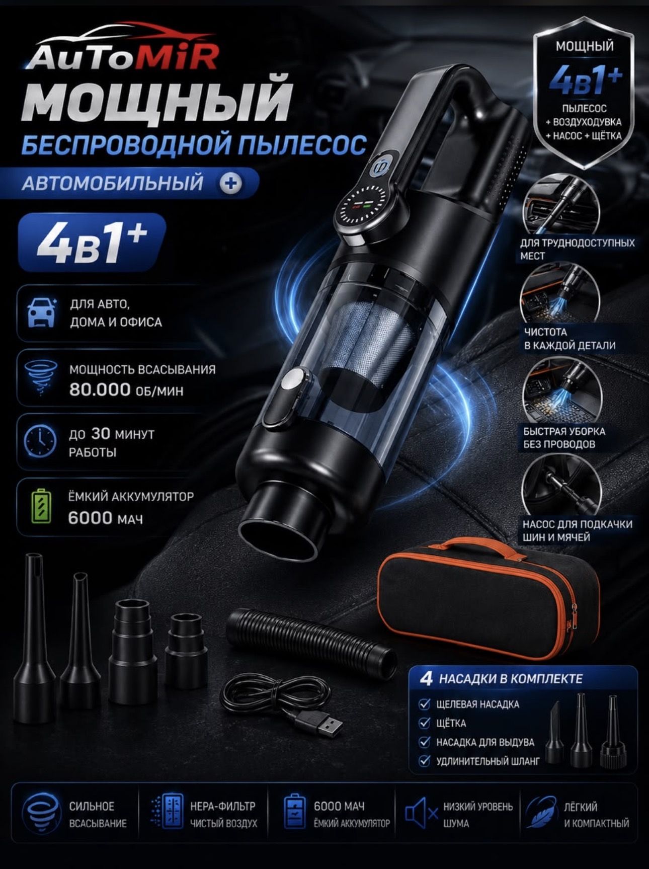 Пылесос для автомобиля 4 в 1 беспроводной/проводной мощный автомобильный ручной мини пылесос