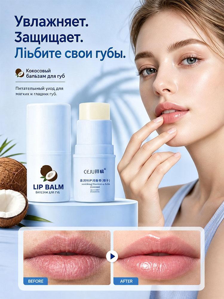 Бальзам для губ с ароматом кокоса для осени и зимы, уменьшает морщинки на губах и предотвращает их обветривание, 1 шт.