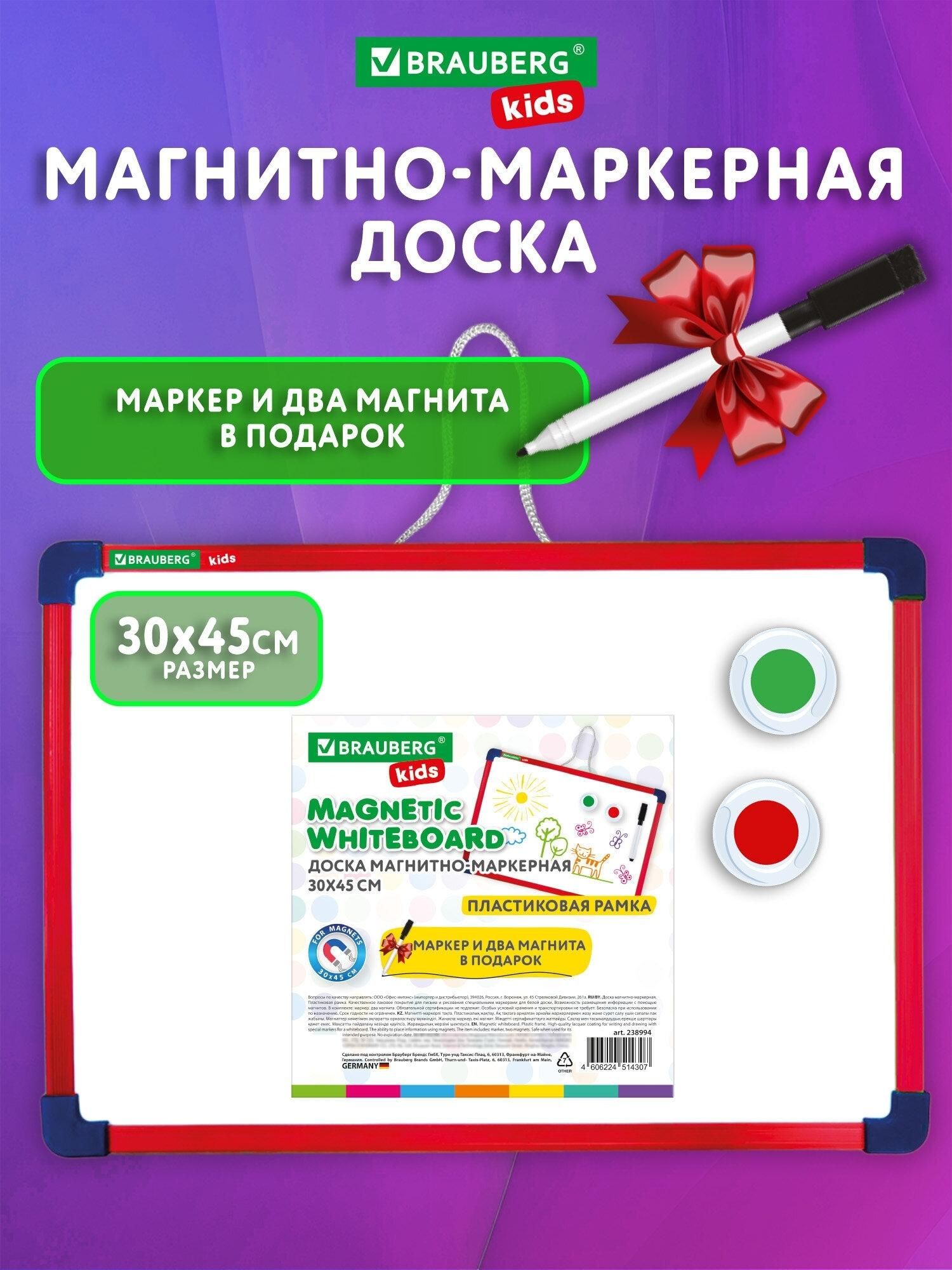 Доска магнитно-маркерная 30х45 см, с маркером и 2 магнитами, красная рамка, BRAUBERG KIDS, 238994
