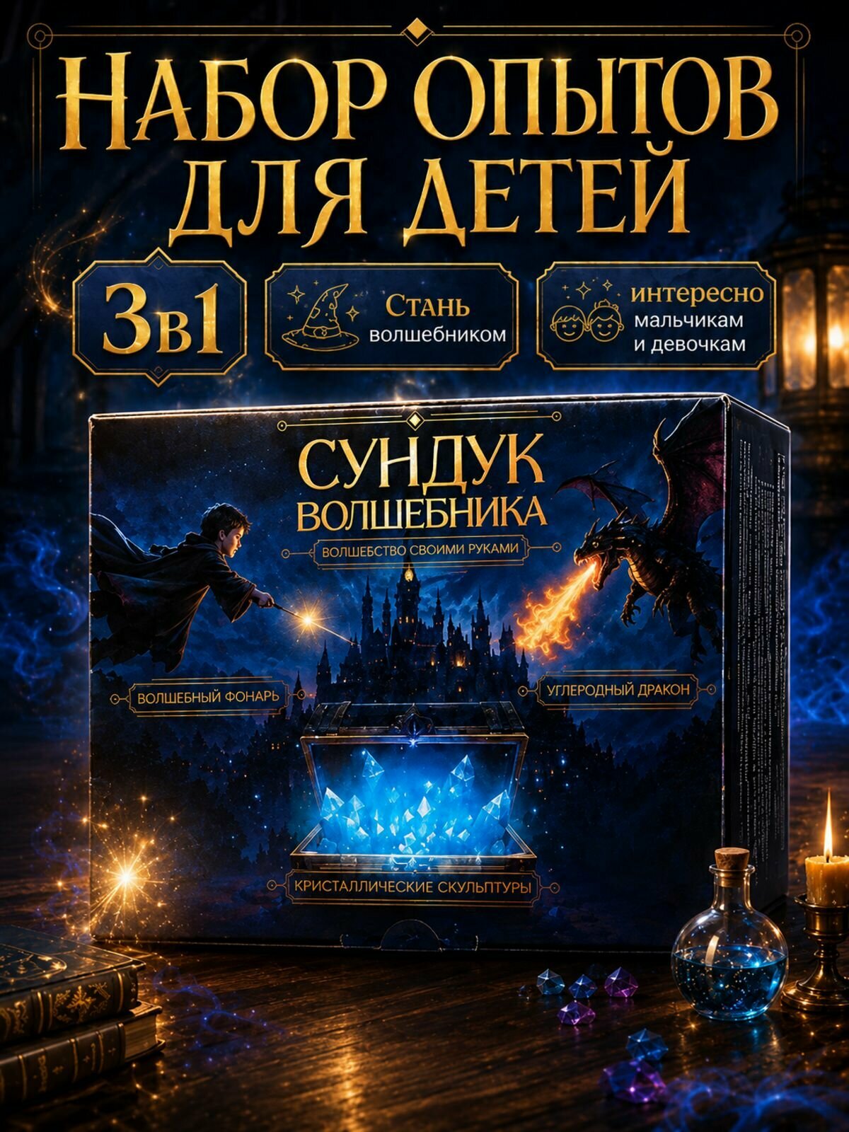 Опыты для детей Сундук волшебника 3в1. Набор опытов для мальчиков и для девочек.