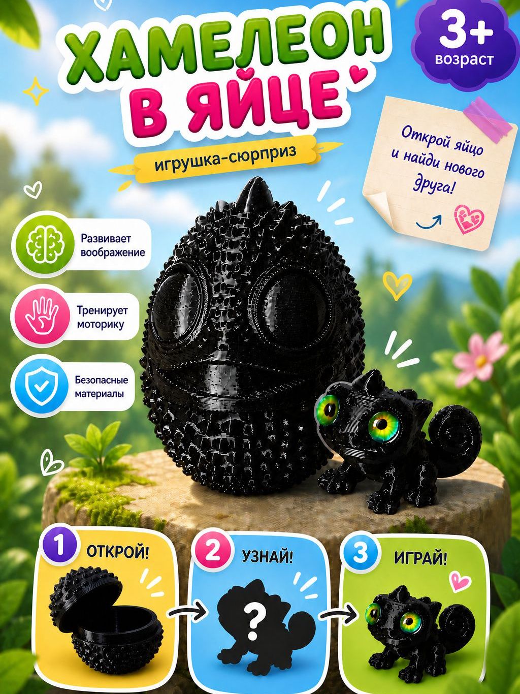 Хамелеон в яйце черный. Яйцо сюрприз с игрушкой.