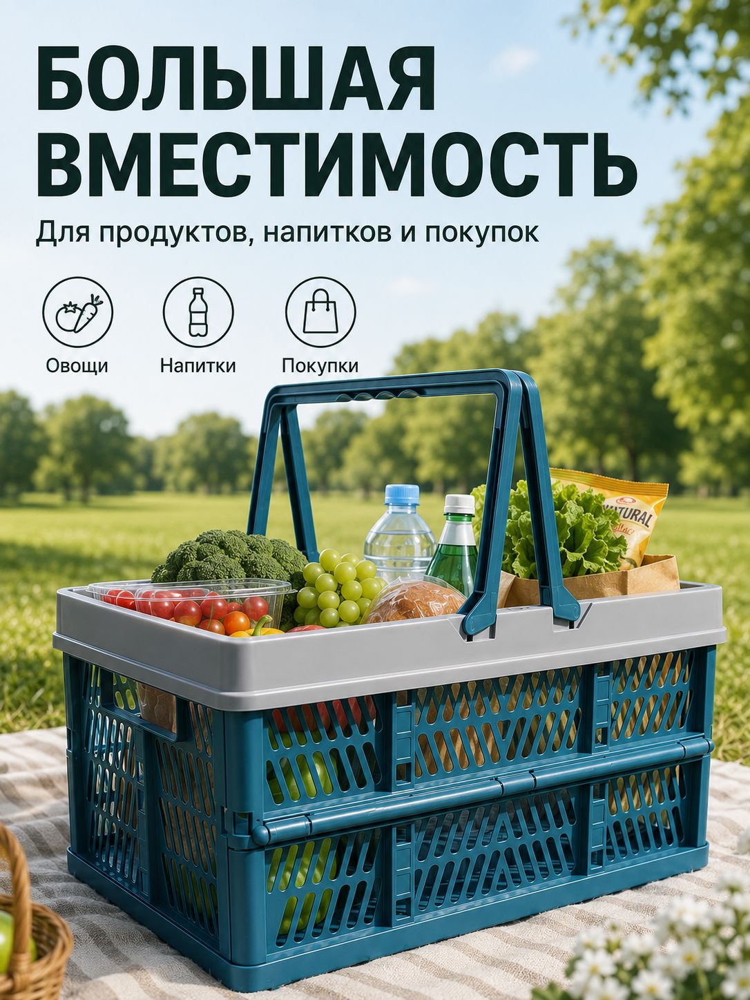 Корзина для хранения длина 44 см, ширина 30.5 см, высота 25 см, 1 шт, пластик, темно-синий
