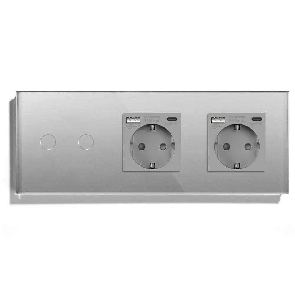 Сенсорный выключатель с двумя розетками с USB и type-C ,2 клавиша 2 розетки, панель стекло Серая,228mm