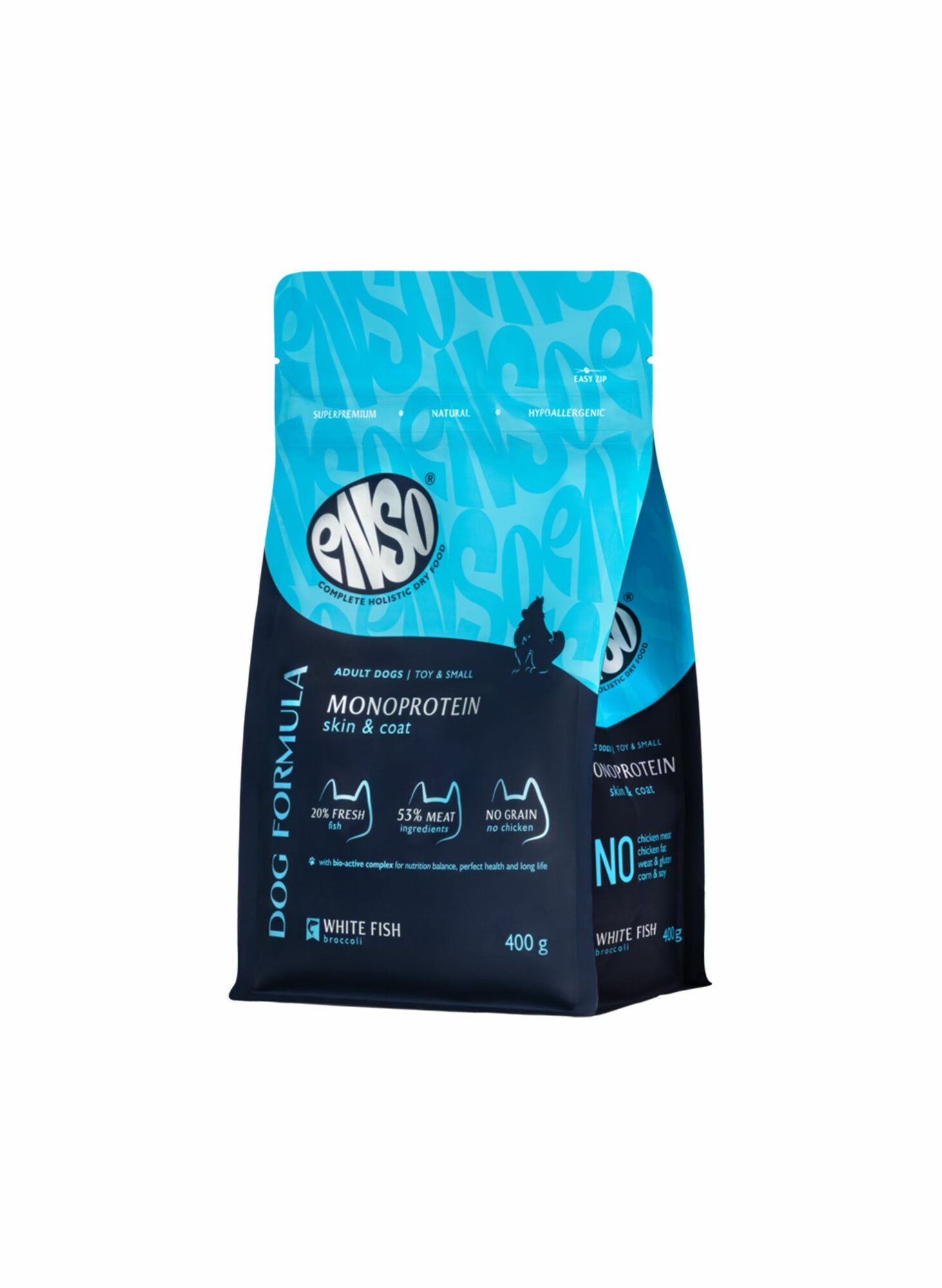 ENSO Dog formula Monoprotein сухой полнорационный корм для взрослых собак мелких и миниатюрных пород со свежей белой рыбой с добавлением брокколи 0,4 кг