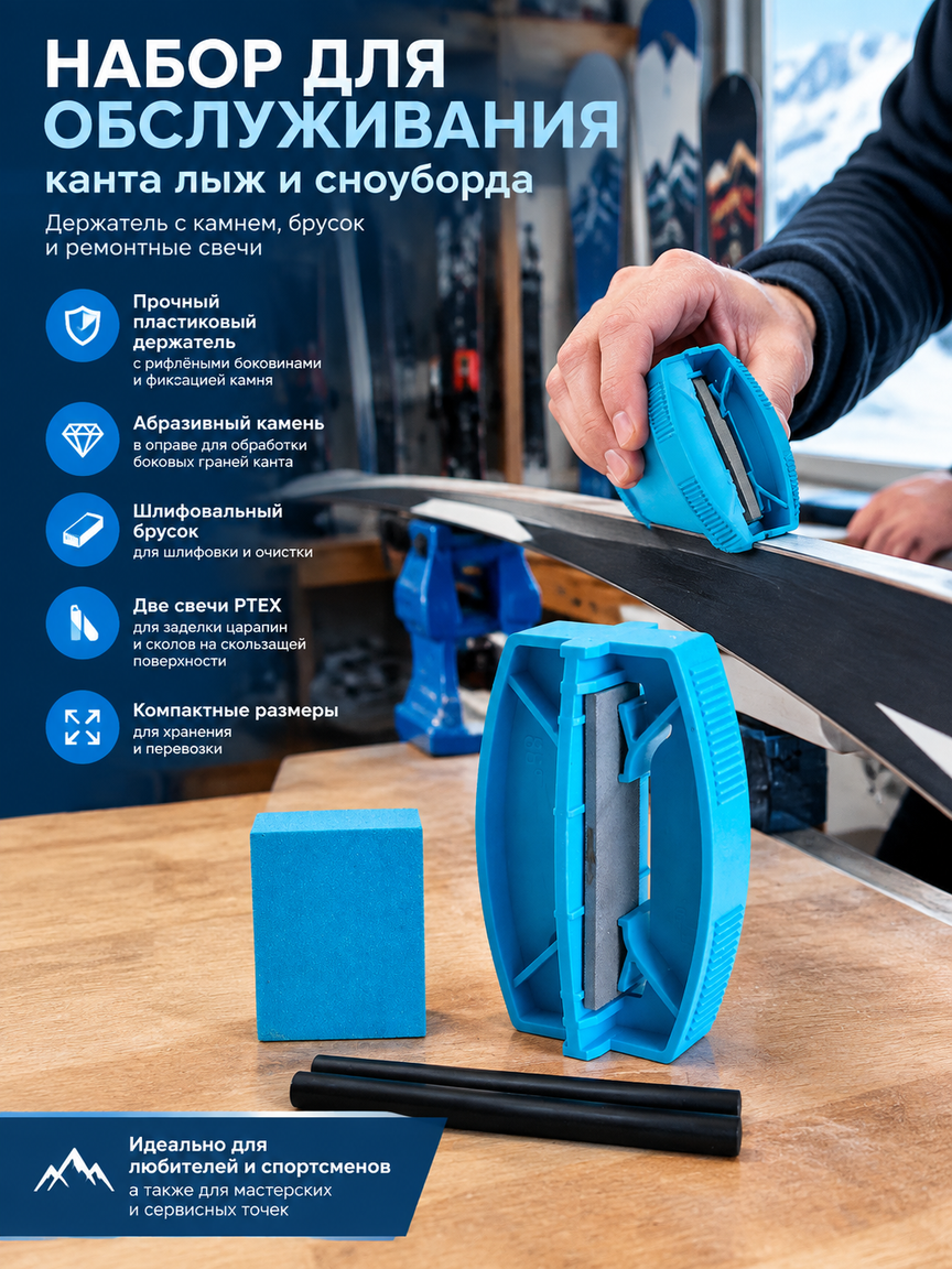 Комплект для обслуживания канта лыж и сноуборда: держатель с камнем, брусок и ремонтные свечи