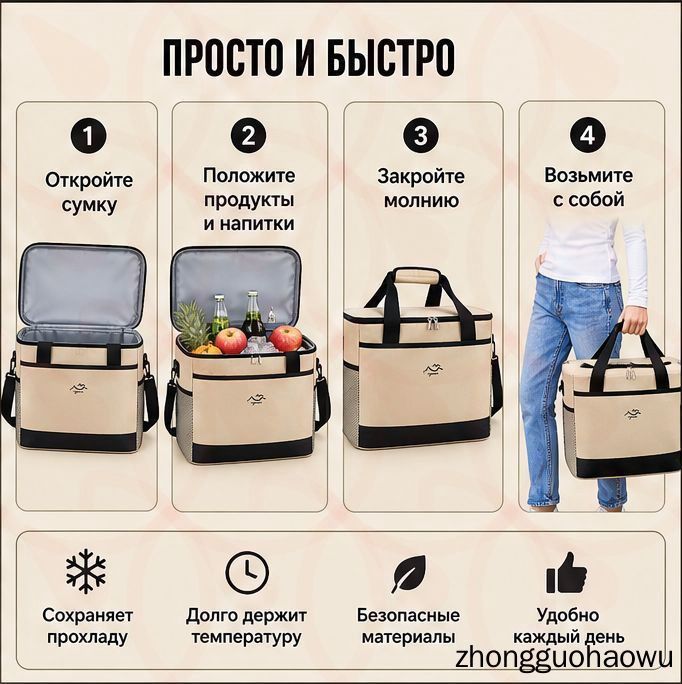 Термосумка-холодильник 30 литров бежевого цвета сохраняет температуру 24 часа