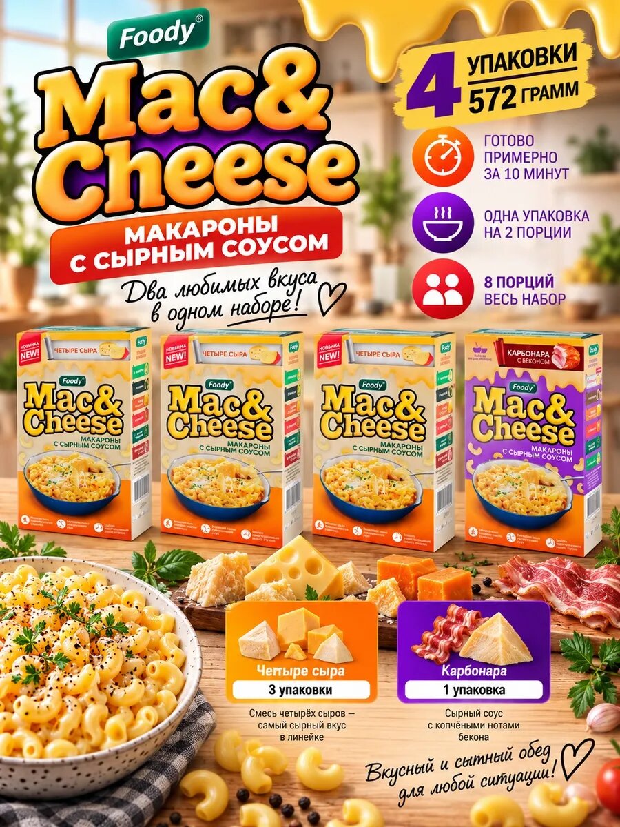 Макароны Mac&Cheese 4 сыра ×3, Карбонара набор 4 шт 572 г, срок годности 306 дней