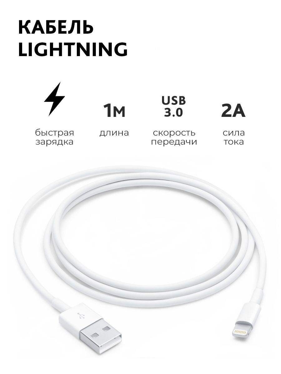 фото Кабель USB - Lighting Premium / ЮСБ - лайтинг премиум для Apple / IPhone / IPad / Air Pods / Айфон / Айпад / Эйрподс / 1м