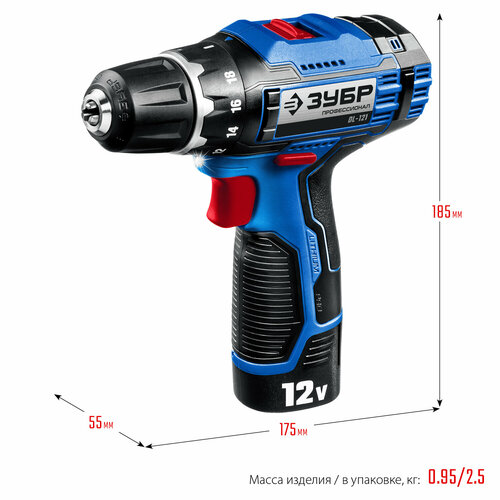 ЗУБР Т7 12 В 40 Нм 2 АКБ 2 Ач дрель-шуруповерт LED фонарь кейс Профессионал DL-121-22 9449₽