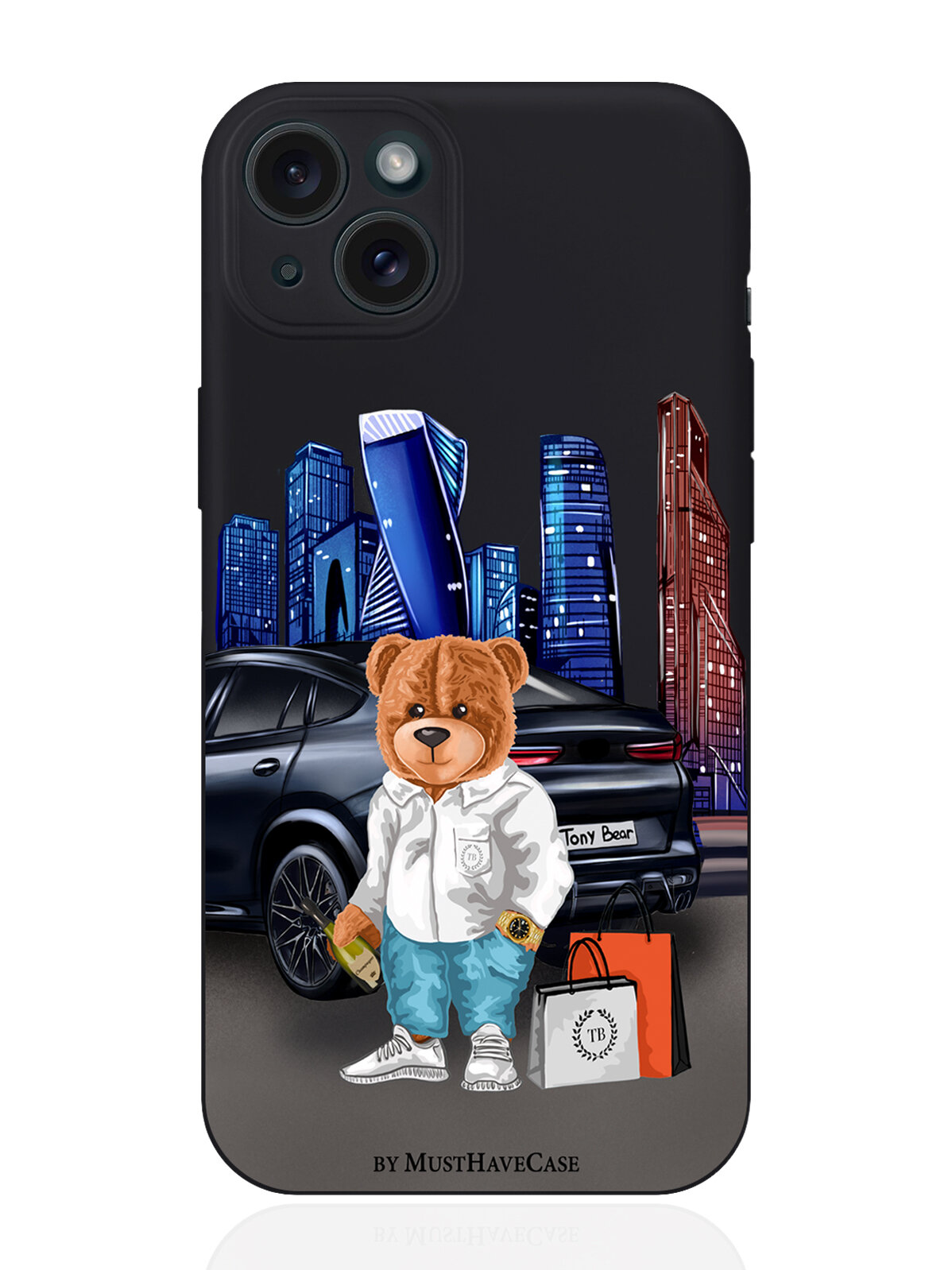 Чехол для смартфона iPhone 15 Plus черный силиконовый Tony Moscow city/ Тони Москва Сити