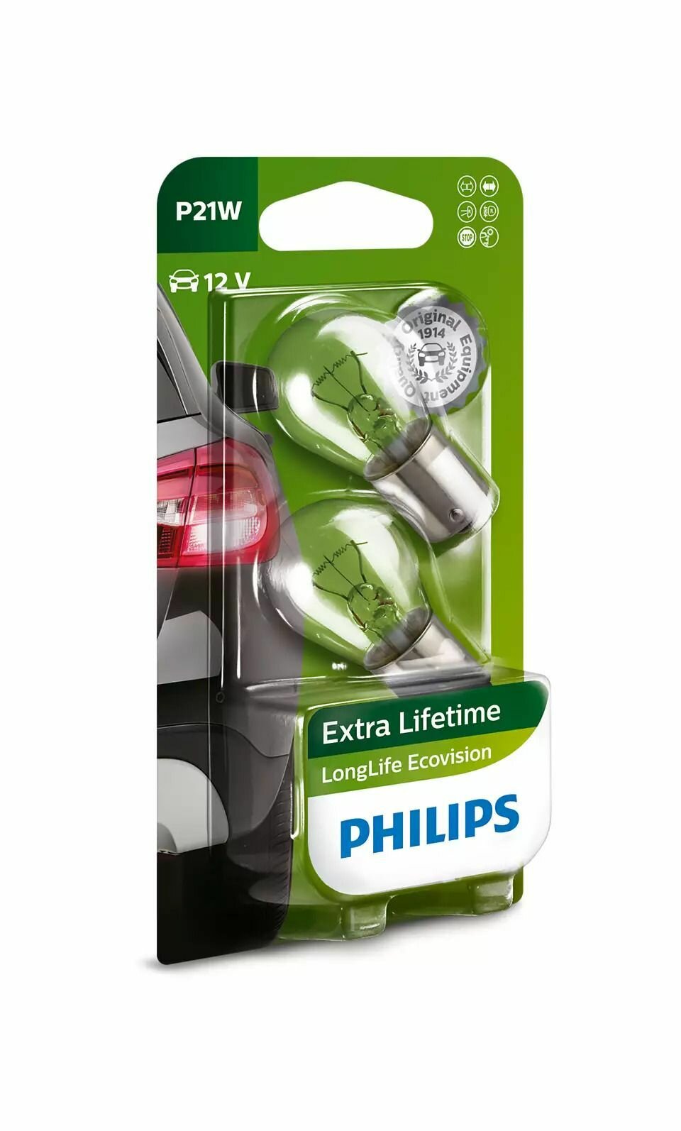 Лампы автомобильные накаливания габаритные P21W PHILIPS Long Life Eco 12V блистер 2шт. (BA15s) 12498LLECOB2