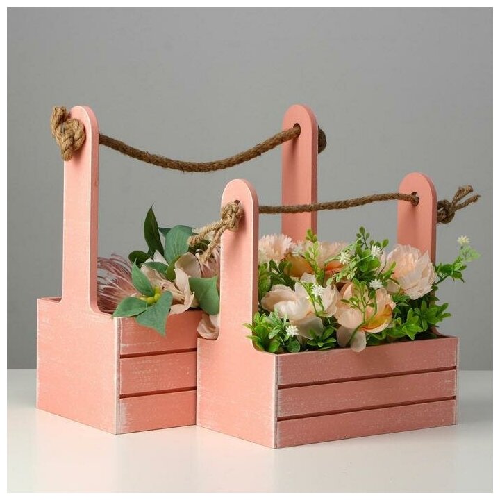 Дарим Красиво Набор кашпо деревянных 2 в 1 (25.5×15×30; 20×12×23) "Прованс", розовый