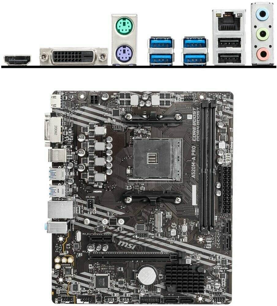 Материнская плата MSI A520M-A Pro A520 Socket AM4 2xDDR4, 4xSATA3, RAID, 1xM.2, 1xPCI-E16x, 4xUSB3.2, DVI-D, HDMI, Glan, mATX