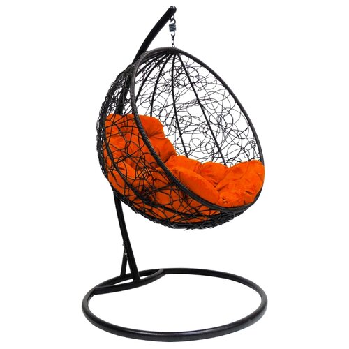 фото Черное подвесное кресло "круглое" с ротангом, с оранжевой подушкой m-group