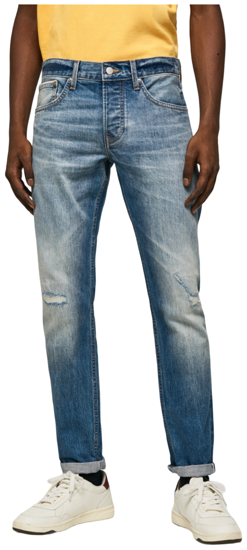 Джинсы Pepe Jeans, прямой силуэт, средняя посадка, рваные, размер 29, синий