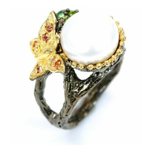 Кольцо помолвочное, серебро, 925 проба, чернение, жемчуг, размер 17, белый, черный