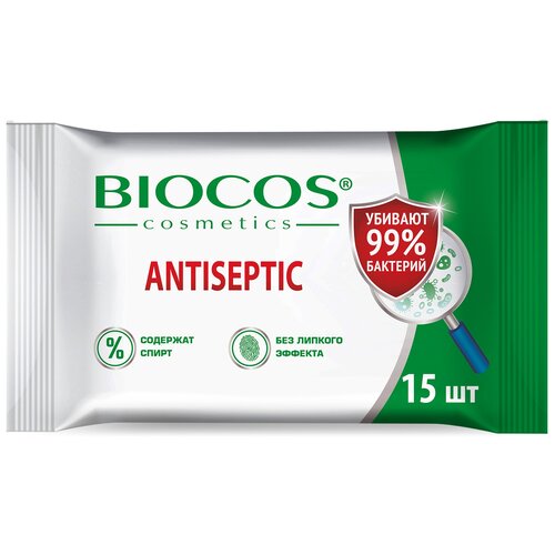 BioCos Влажные салфетки Antiseptic, 15 шт. влажные салфетки biocos spa aroma лесная ягода 15 шт