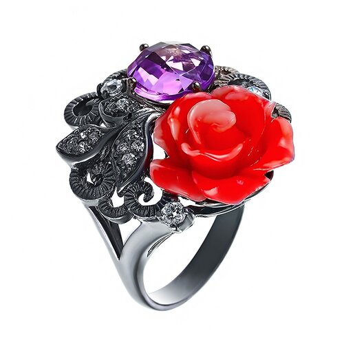 фото Jv серебряное кольцо с аметистом, фианитом se2273-r-ko-am-ci-001-blk, размер 16.25