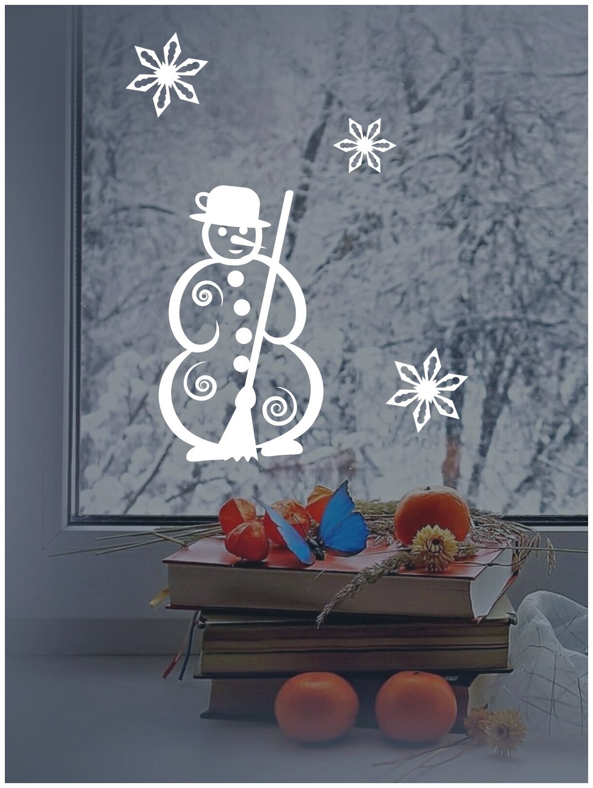 Наклейка виниловая на зеркало на окно "Снеговик" 19х19см (интерьерная на стену декор Новый год)