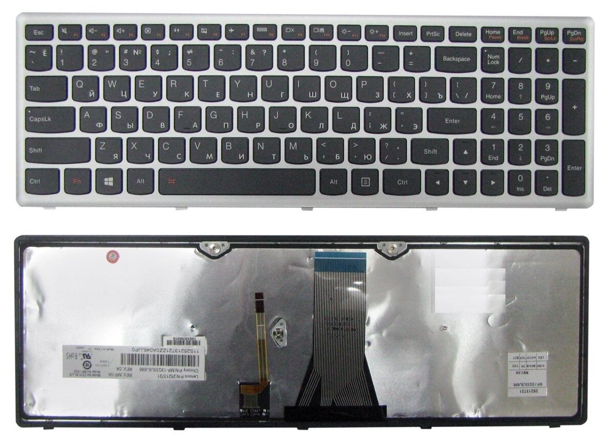 Клавиатура для ноутбука Lenovo IdeaPad Flex 15, G500S, G505S, S500, S510, Z510 черная, рамка серебряная, с подсветкой