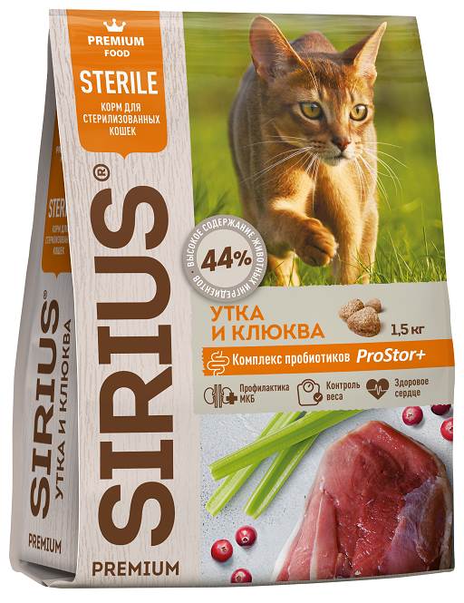 Сухой корм для стерилизованных кошек Sirius с уткой, с клюквой 1.5 кг