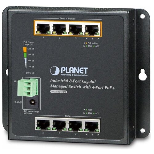 Коммутатор PLANET WGS-804HPT (IP30, IPv6/IPv4, 8-Port 1000TP Wall-mount Managed Ethernet Switch with 4-Port 802.3AT POE+ (-40 to 75 C), dual redundant power input on 48-56VDC terminal block and power jack, SNMPv3, 802.1Q VLAN, IGMP Snooping, SSL, SSH